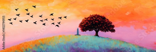Obraz na płótnie Colorful landscape with a tree a small structure and birds in the sky. w salonie