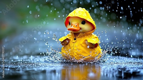 A small yellow duck in a yellow raincoat enjoying the rain.
