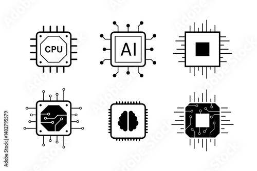 Collection of Computer Chips and Electronic Circuit Icons Set for Tech and Hardware Design