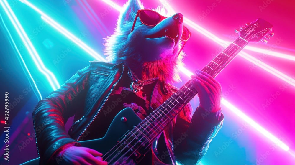 Obraz premium Psychedelic rock musician in wolf costume plays electric guitar.