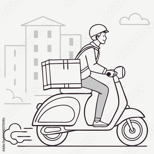 Delivery person riding scooter through cityscape  