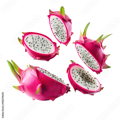 Dragon fruit with half slices falling or floating png