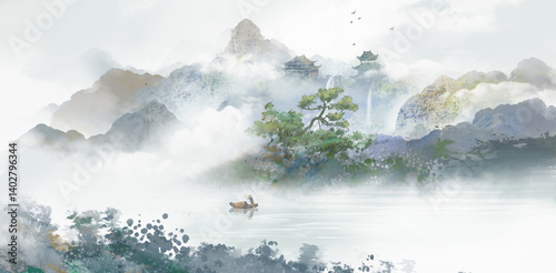 Hand drawn Chinese style ink landscape painting，Spring Landscape Painting