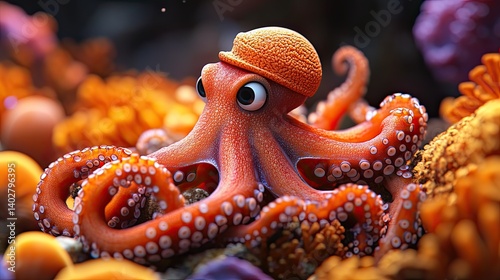 A cute orange octopus wearing a tiny orange hat nestled in a vibrant coral reef.