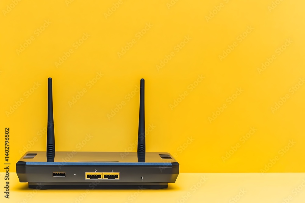 Fototapeta premium Modern black wireless router with two antennas against vibrant yellow seamless backdrop