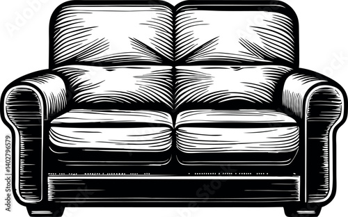 A Monochrome Sofa Illustration in vector a Woodcut Style and Detailed Shading