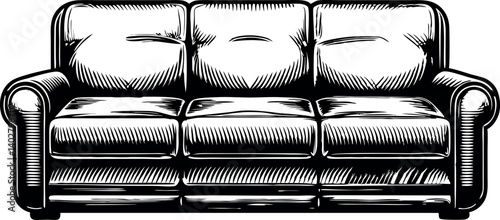 Classic three cushion sofa with vector detailed engraving and bold black outlines