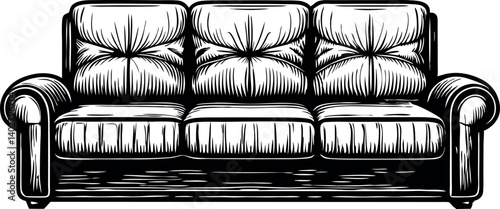 Monochromatic depiction of a luxurious vector threeseat sofa with detailed line work