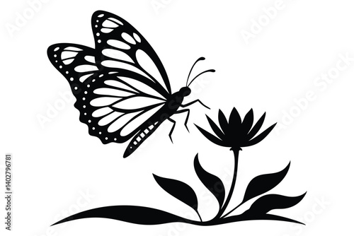 Monarch Butterfly Perched on Flower Silhouette Vector