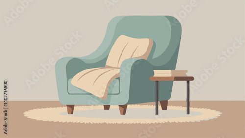A small reading nook with a comfortable armchair draped in a soft fuzzy throw blanket and a neutraltoned area rug.