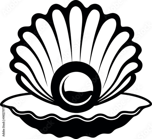 Elegant black and white oyster shell vector illustration with a pearl