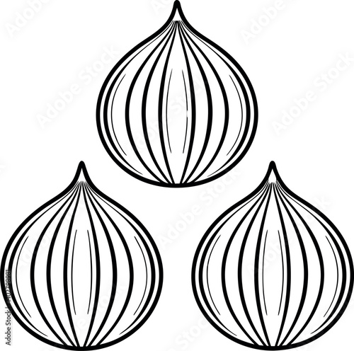 Trio of stylized onions or teardrop shapes vector in a minimalistic black and white illustration