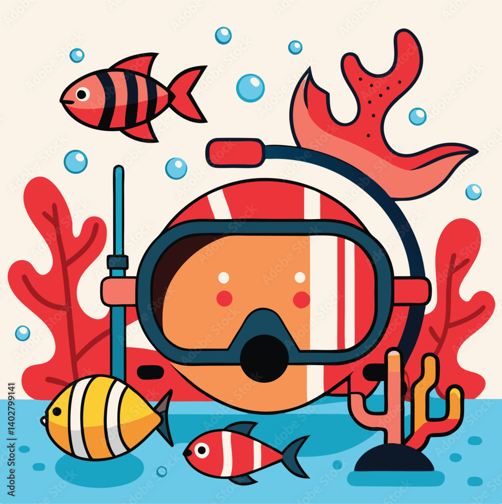 Fototapeta premium Colorful Scuba Diver Character With Fish And Coral Reef Marine Life Illustration