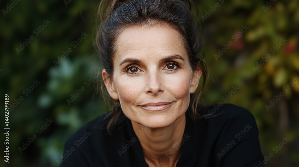 Beautiful 45-Year-Old Woman with High Ponytail in Nature