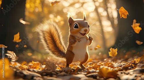 A cheerful squirrel amidst autumn leaves.