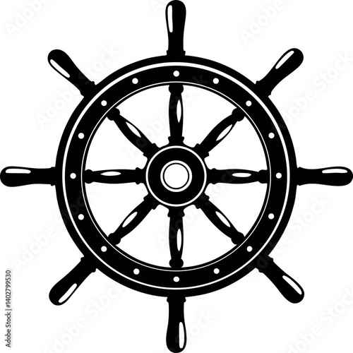 Black and white ship steering wheel vector illustration with eight handles for boats