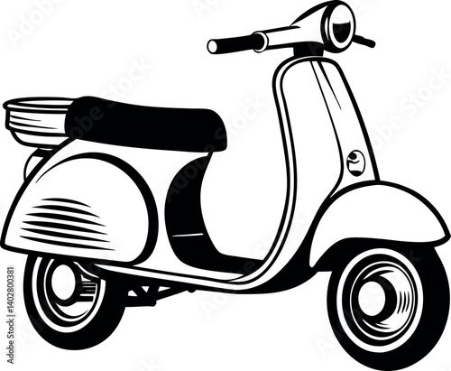 Retro Style Scooter Illustration in vector Black and White Line Art