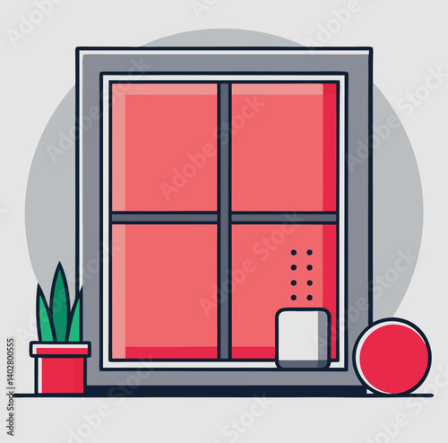 Clean Illustration Of A Window With Potted Plant And Circular Shape Decor
