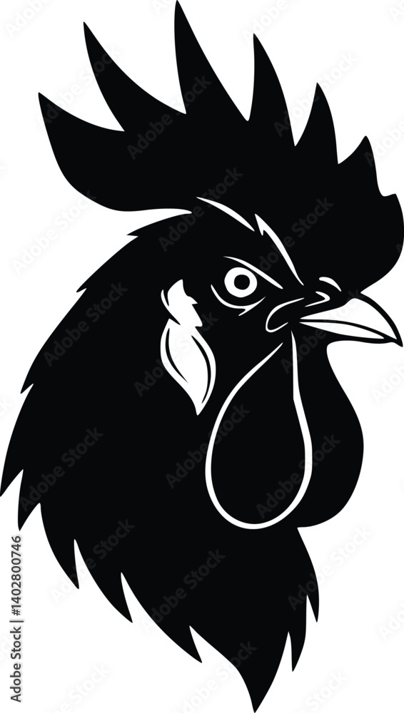 Obraz premium Black and white silhouette illustration of a rooster's head with detailed feathers and a prominent comb
