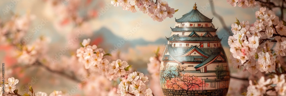 A pagoda style building is surrounded by cherry blossoms in a landscape setting.