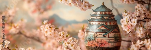 Obraz na płótnie A pagoda style building is surrounded by cherry blossoms in a landscape setting. w salonie