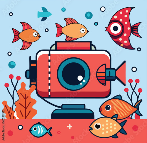 Underwater Camera With Colorful Fish And Aquatic Plants Illustration