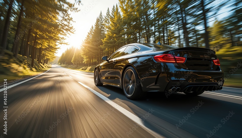 Fototapeta premium Dynamic Car Driving on Scenic Road at Sunset
