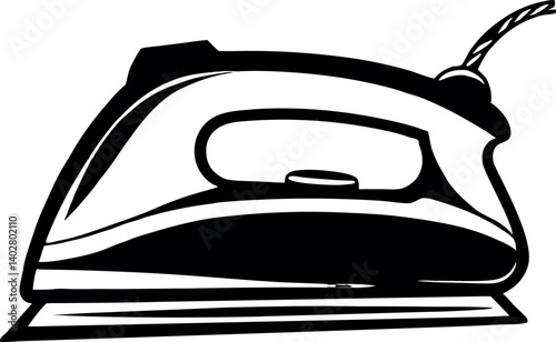 Stylized black and white vector illustration of an electric clothes iron