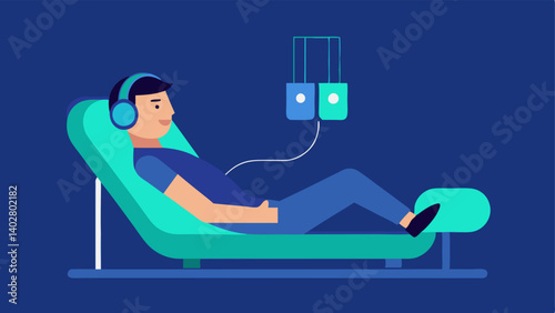Relaxation Mode A patient lying back on a padded recliner inside the chamber with headphones on listening to calming music while relaxing during therapy.