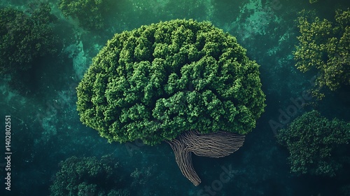 Abstract eco-friendly intelligence visual featuring a brain composed of tree growth