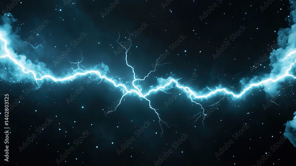 Fototapeta premium Electric blue lightning strikes across dark starry sky, creating dramatic and powerful visual effect that captivates viewer