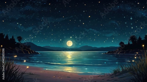 Create a calm night landscape with a glowing moon and a starry sky.
