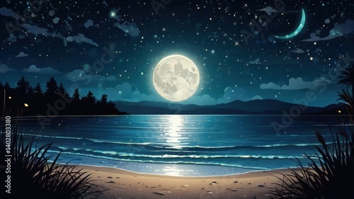 Create a calm night landscape with a glowing moon and a starry sky.
