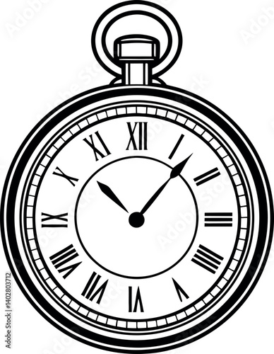 Antique Pocket Watch with Roman vector Numerals, Black and White Illustration