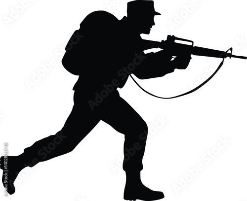 Silhouette of a soldier running while carrying a rifle, symbolizing action and military readiness