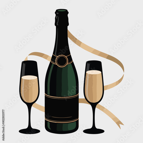  Vector illustration of champagne bottles and clinking glasses in black silhouette style, perfect for celebration, party, toast, and festive design concepts