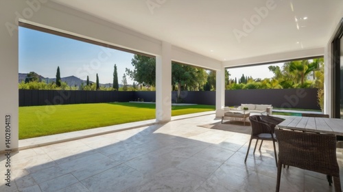 Create a wide-angle photo of a modern white villa with clean design