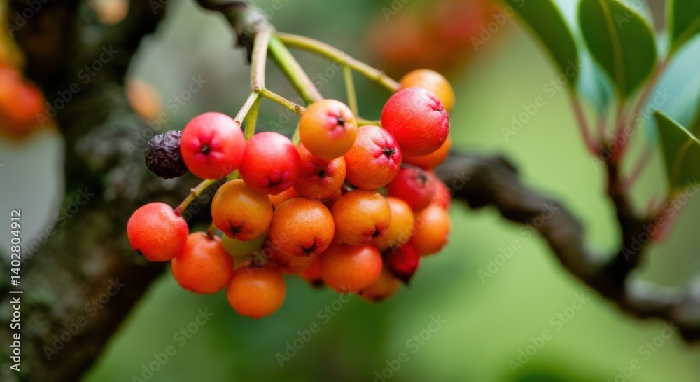 Vibrant cluster of red and orange berries on tree branch Vibrant cluster of red and orange berries on tree branch