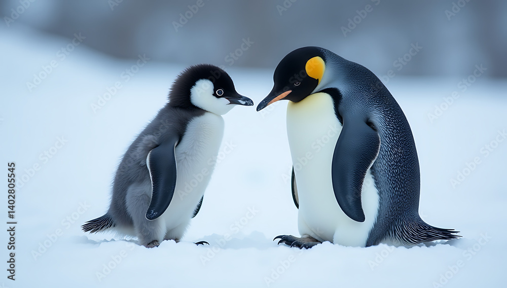 Fototapeta premium Penguin Parent and Chick Bonding in a Snowy Landscape