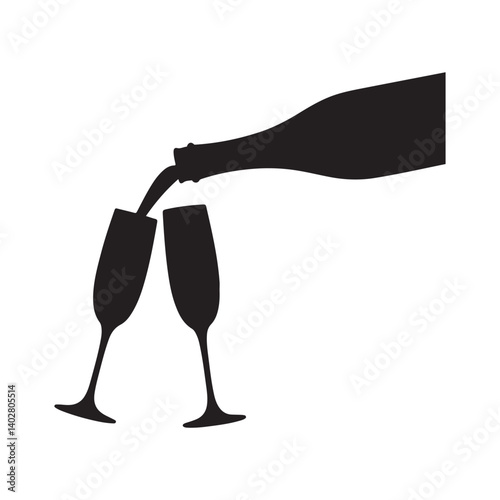  Vector illustration of champagne bottles and clinking glasses in black silhouette style, perfect for celebration, party, toast, and festive design concepts