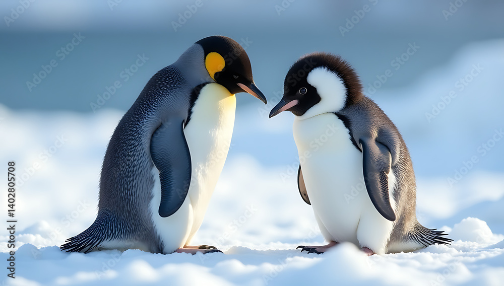 Fototapeta premium Adult and Baby Penguin Standing Together in Snow