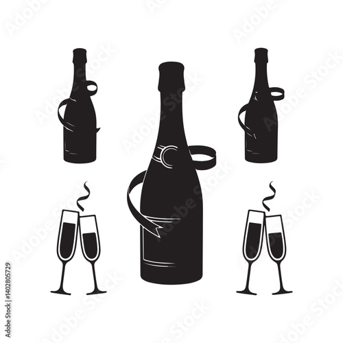 Vector illustration of champagne bottles and clinking glasses in black silhouette style, perfect for celebration, party, toast, and festive design concepts