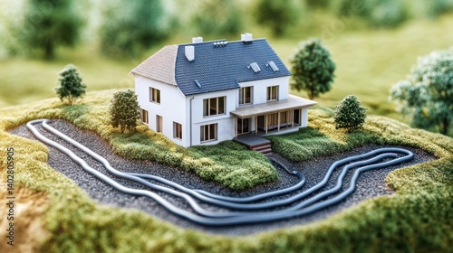 Charming residential home with modern architecture design nestled in a scenic countryside landscape The miniature model home is surrounded by lush greenery rolling hills and a winding path