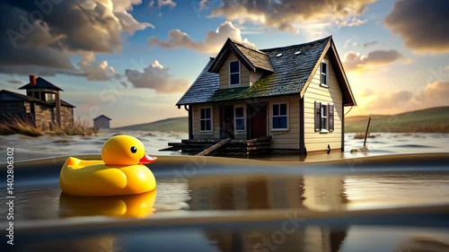A rubber duck floats in floodwaters near a partially submerged home in a flooded plain.