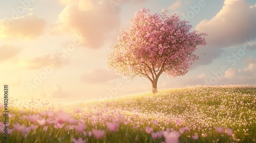 Wallpaper Mural A beautiful tree growing tall amidst a field of blooming flowers with soft sunlight shining Torontodigital.ca