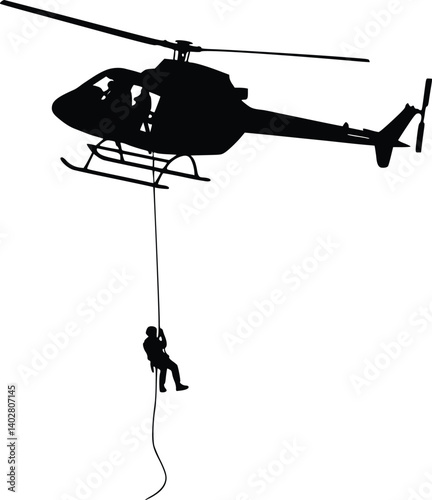 Silhouette of a helicopter with a person rappelling down a rope, symbolizing rescue operations and adventure