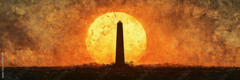 Silhouette of a tall structure against a bright sun or moon landscape.