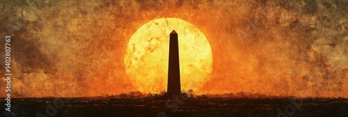 Silhouette of a tall structure against a bright sun or moon landscape.