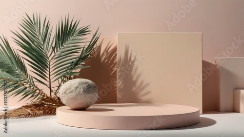 Create a product display podium with palm leaves for a natural and elegant background.