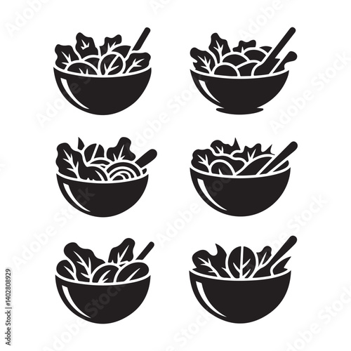  Monochrome vector illustration of assorted salad bowls with text, minimal black and white healthy food concept for menu, restaurant, and nutrition themed designs